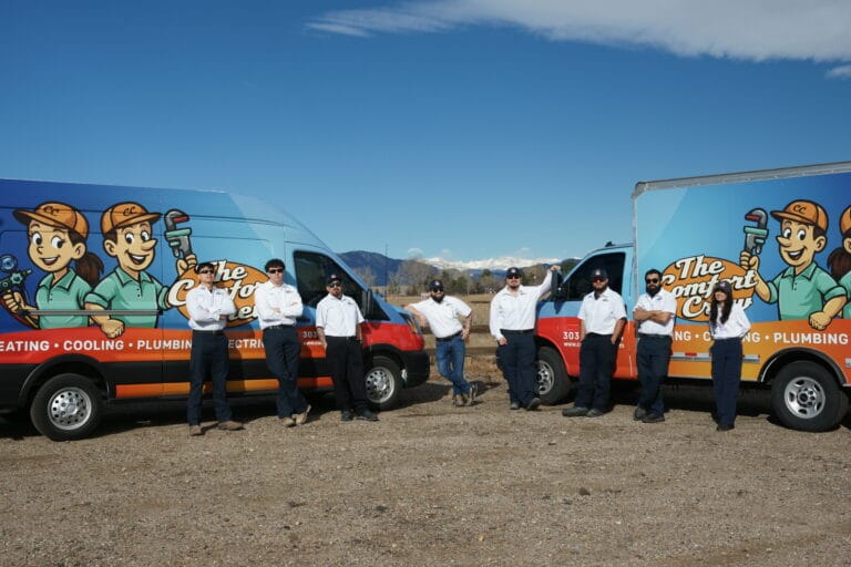 The Comfort Crew HVAC team with service trucks in Denver metro Colorado