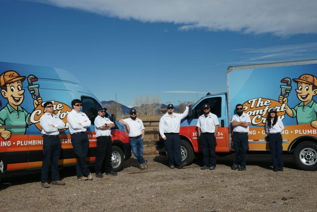 Denver metro HVAC service vans with Comfort Crew technicians for heating and air conditioning service, schedule hvac service, hvac coupon, A/C inspection Denver co
